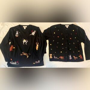 Bechamel Vintage Black Fall Cat V-Neck Top And Cardigan Set Size L